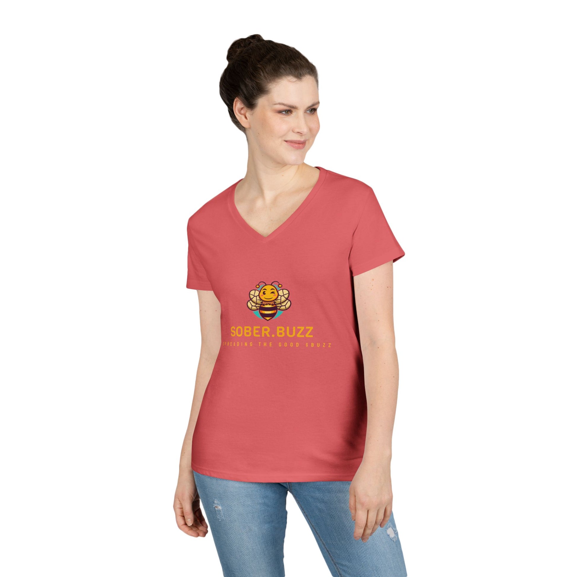 Sober Buzz Ladies' V-Neck T-Shirt | Bee Inspired Applique | Perfect for Summer, Gifts, Recovery Support, Casual Wear