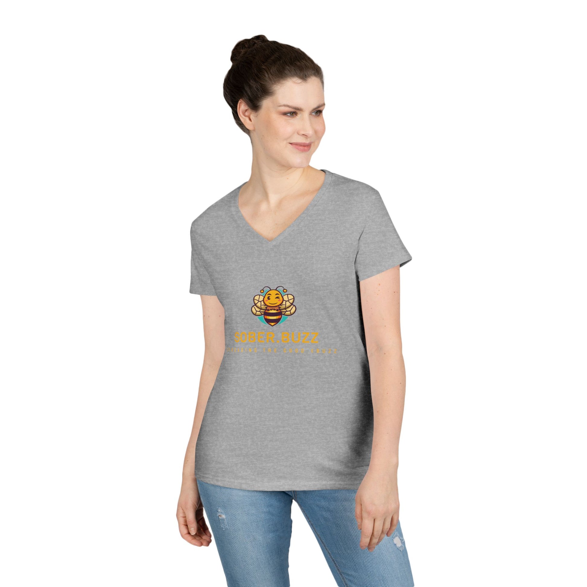 Sober Buzz Ladies' V-Neck T-Shirt | Bee Inspired Applique | Perfect for Summer, Gifts, Recovery Support, Casual Wear