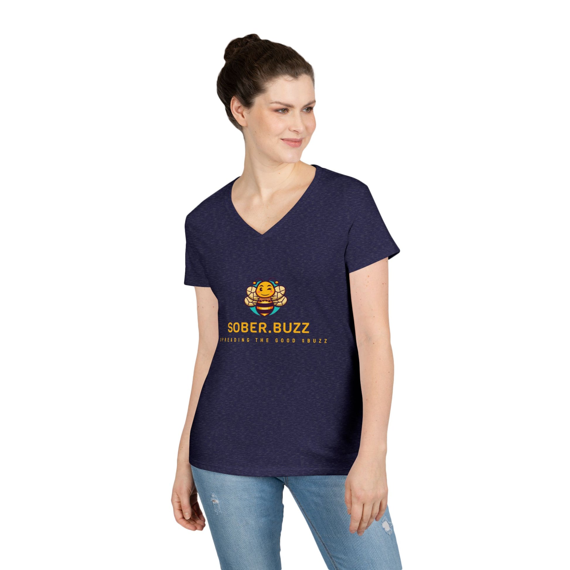 Sober Buzz Ladies' V-Neck T-Shirt | Bee Inspired Applique | Perfect for Summer, Gifts, Recovery Support, Casual Wear