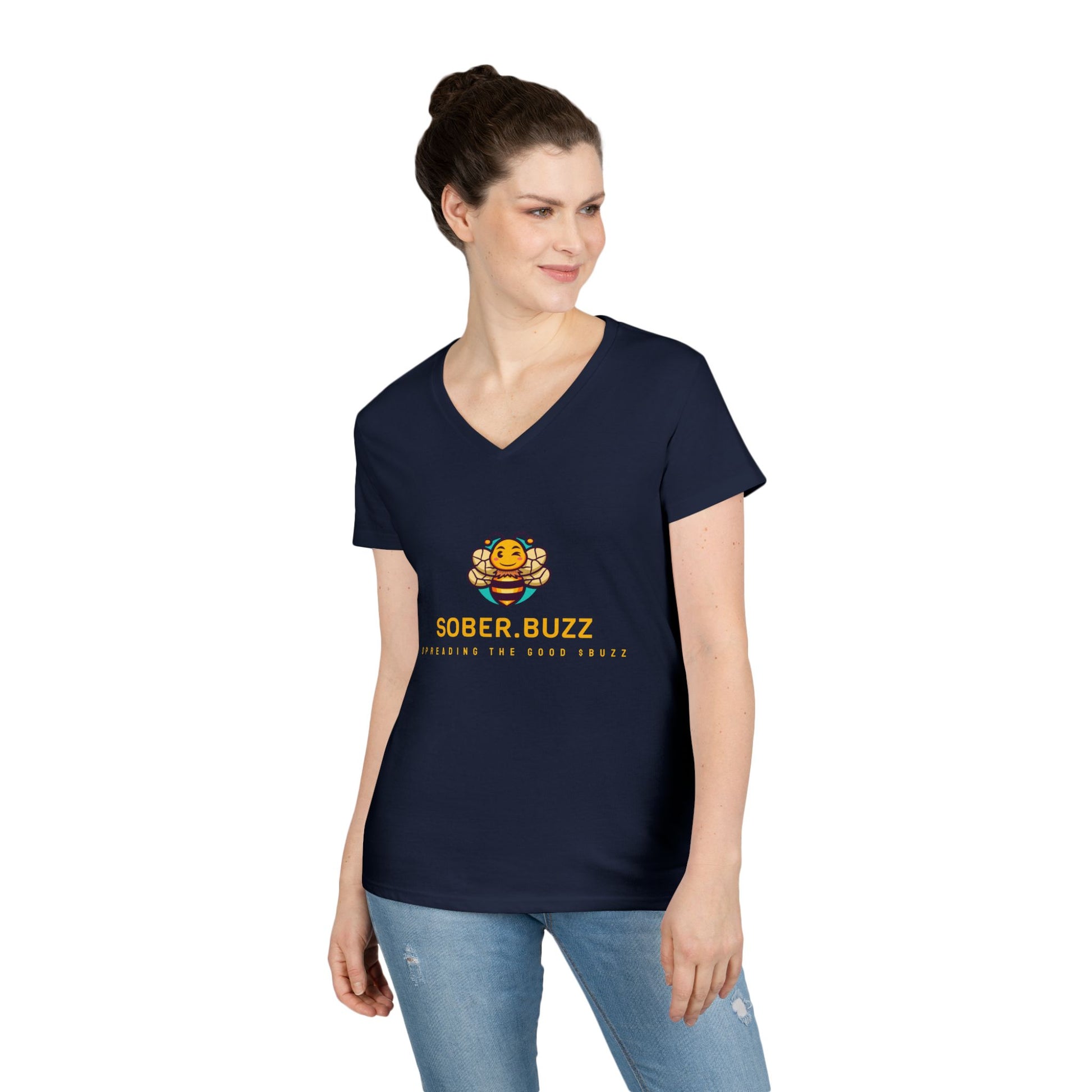 Sober Buzz Ladies' V-Neck T-Shirt | Bee Inspired Applique | Perfect for Summer, Gifts, Recovery Support, Casual Wear