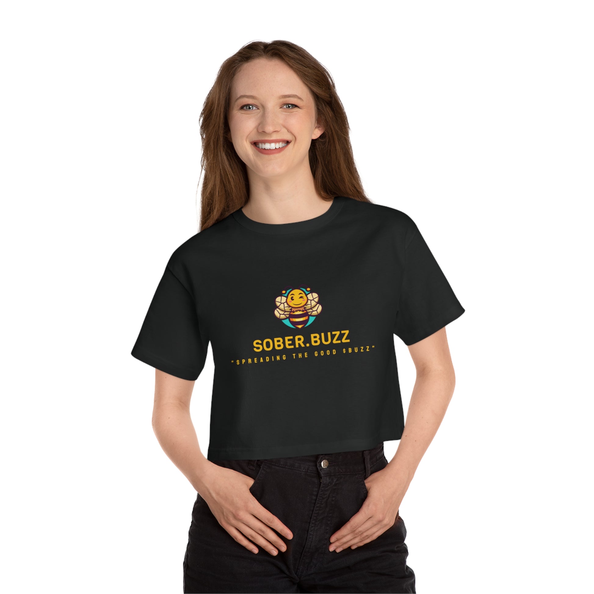 Sober.Buzz Cropped T-Shirt, Bee Design Tee, Women's Casual Top, Fun Graphic Tee, Gift for Supportive Friends