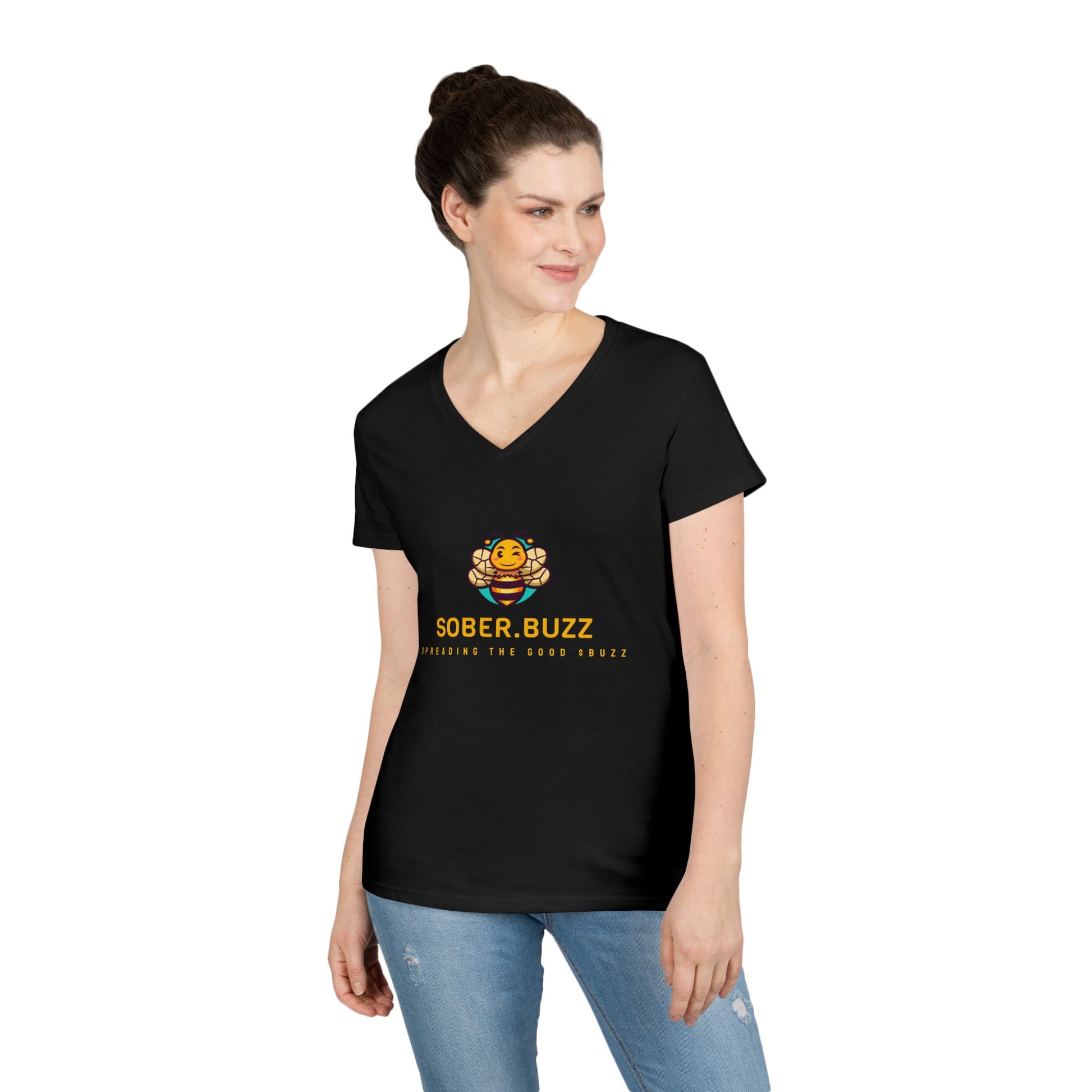 Sober Buzz Ladies' V-Neck T-Shirt | Bee Inspired Applique | Perfect for Summer, Gifts, Recovery Support, Casual Wear