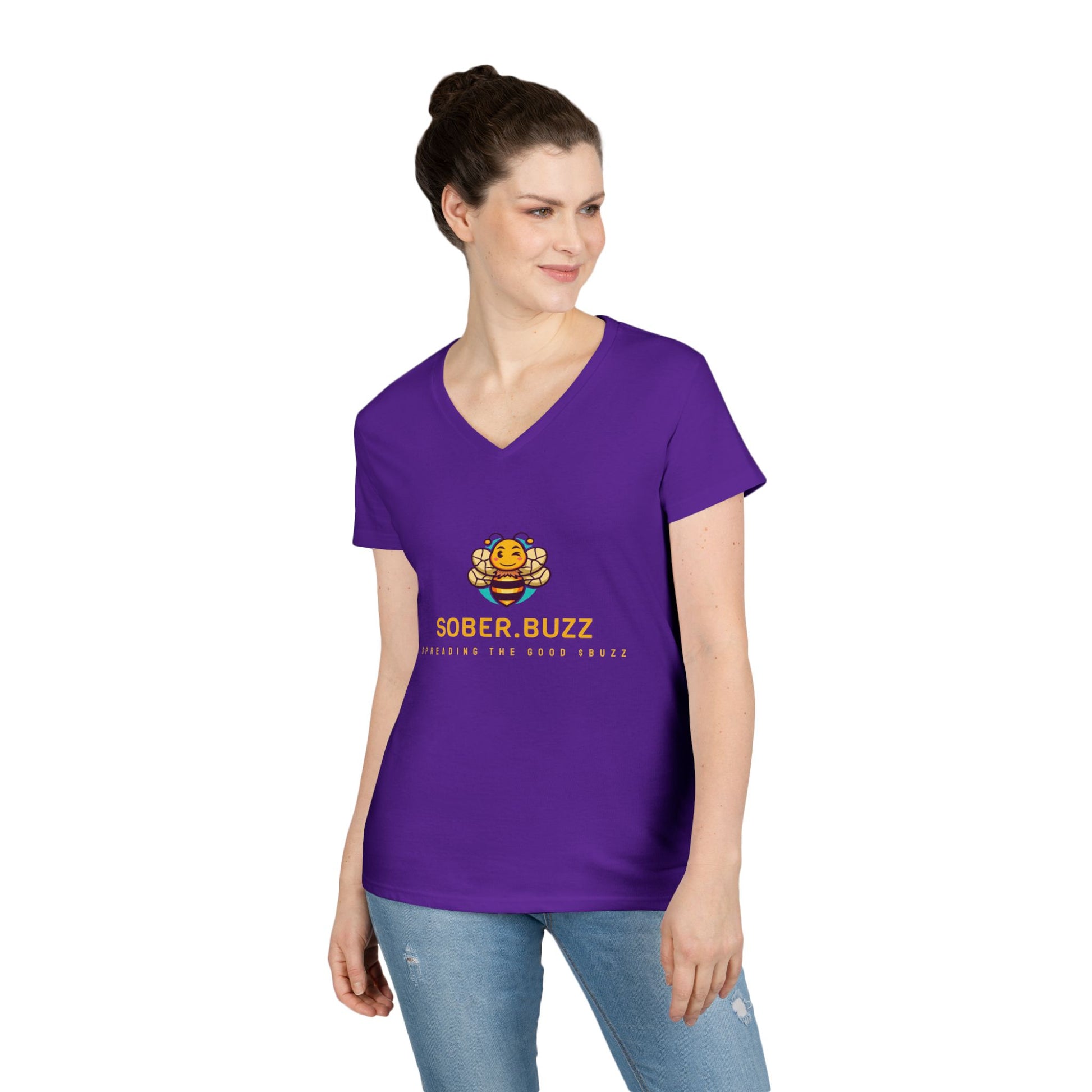 Sober Buzz Ladies' V-Neck T-Shirt | Bee Inspired Applique | Perfect for Summer, Gifts, Recovery Support, Casual Wear
