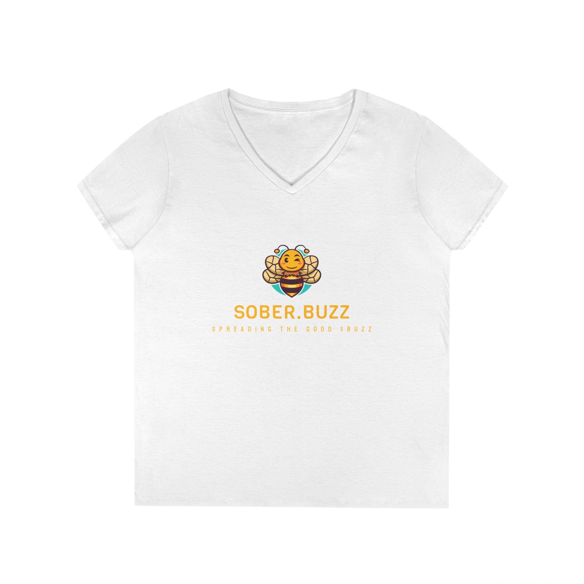 Sober Buzz Ladies' V-Neck T-Shirt | Bee Inspired Applique | Perfect for Summer, Gifts, Recovery Support, Casual Wear