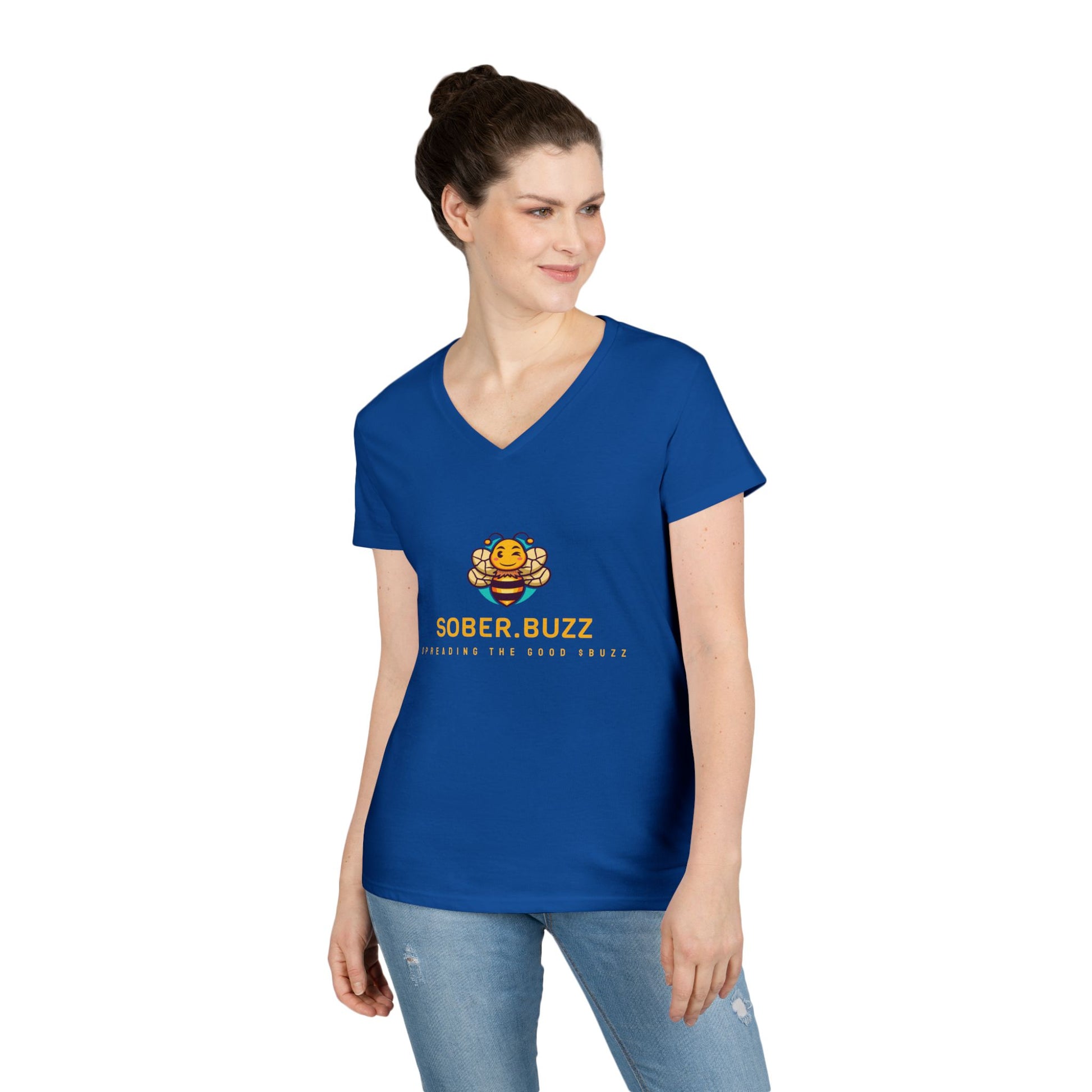 Sober Buzz Ladies' V-Neck T-Shirt | Bee Inspired Applique | Perfect for Summer, Gifts, Recovery Support, Casual Wear