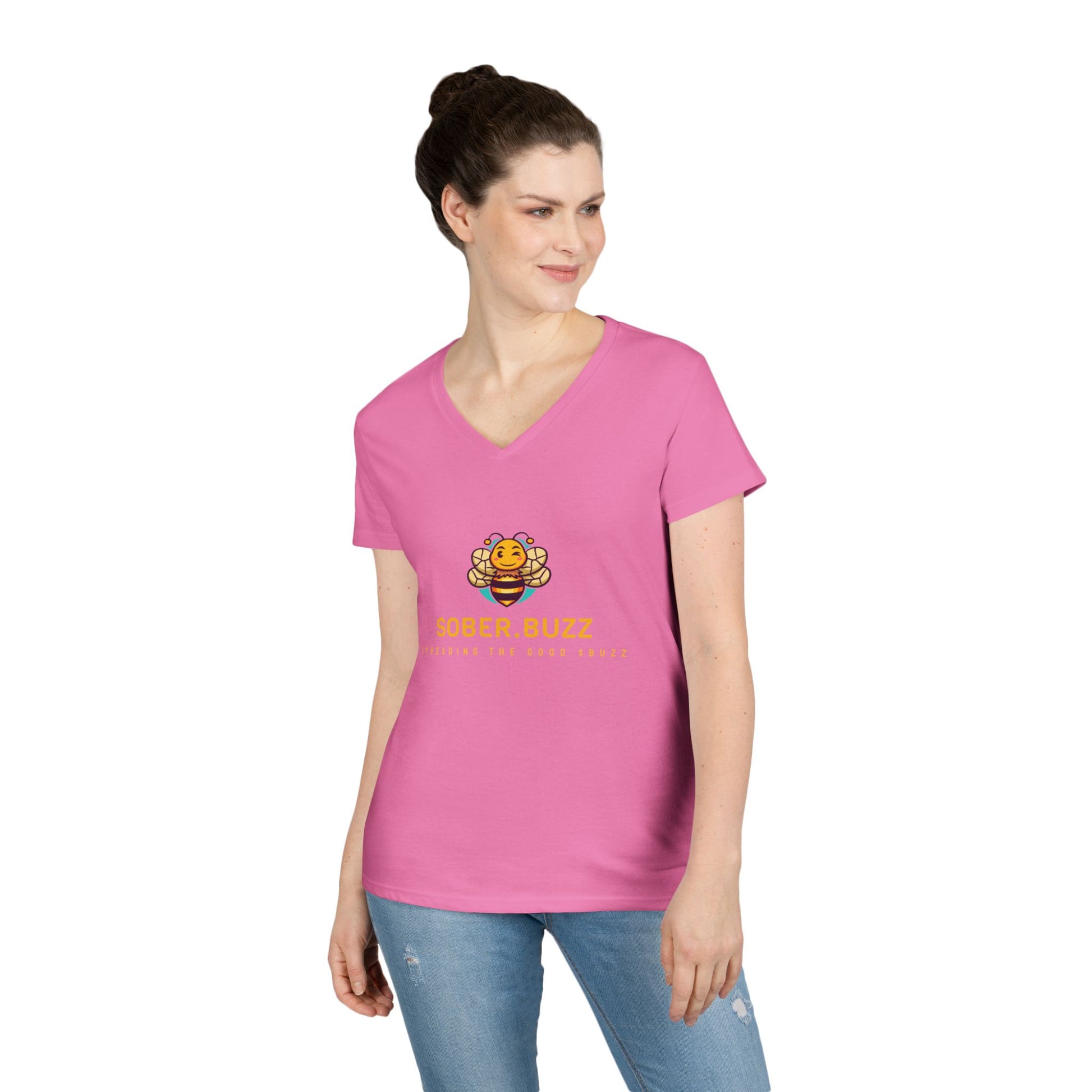 Sober Buzz Ladies' V-Neck T-Shirt | Bee Inspired Applique | Perfect for Summer, Gifts, Recovery Support, Casual Wear
