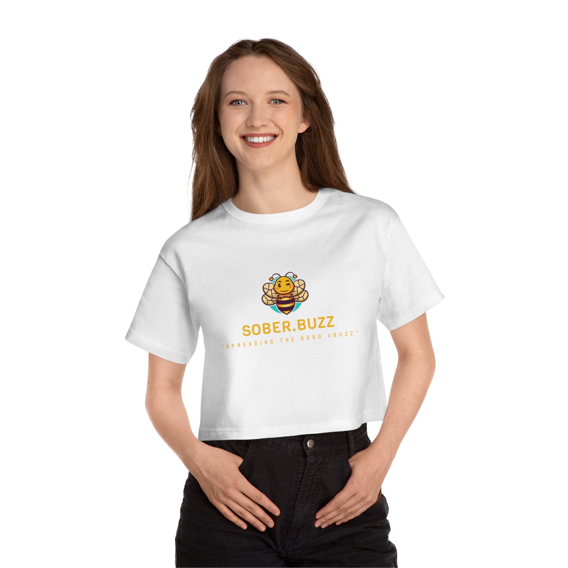 Sober.Buzz Cropped T-Shirt, Bee Design Tee, Women's Casual Top, Fun Graphic Tee, Gift for Supportive Friends
