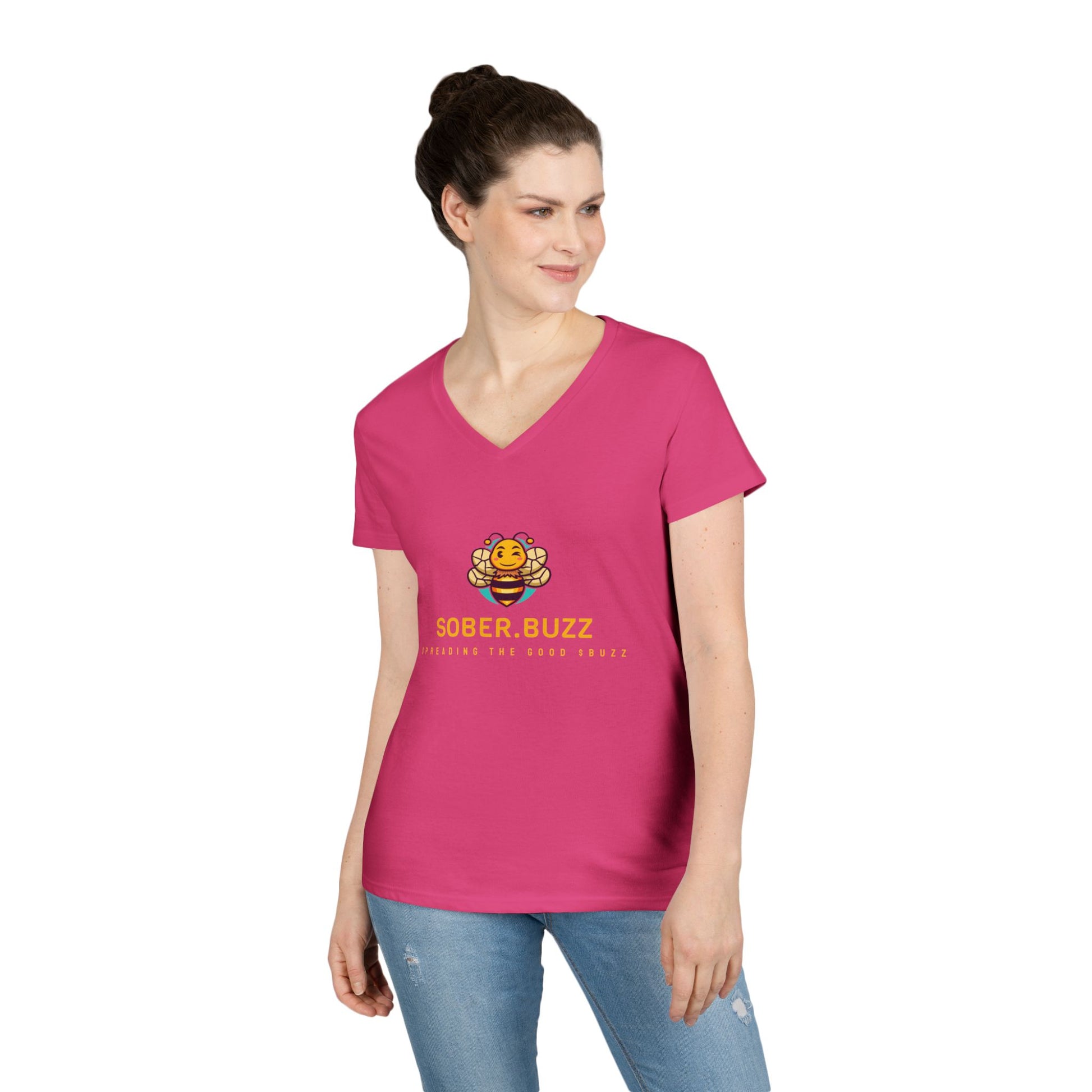 Sober Buzz Ladies' V-Neck T-Shirt | Bee Inspired Applique | Perfect for Summer, Gifts, Recovery Support, Casual Wear