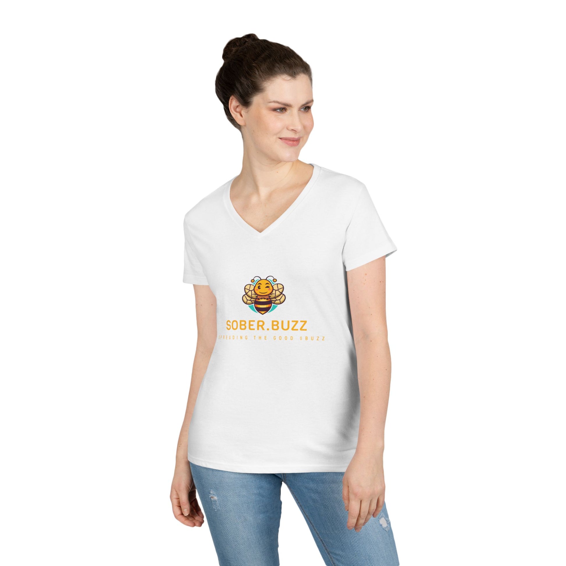 Sober Buzz Ladies' V-Neck T-Shirt | Bee Inspired Applique | Perfect for Summer, Gifts, Recovery Support, Casual Wear